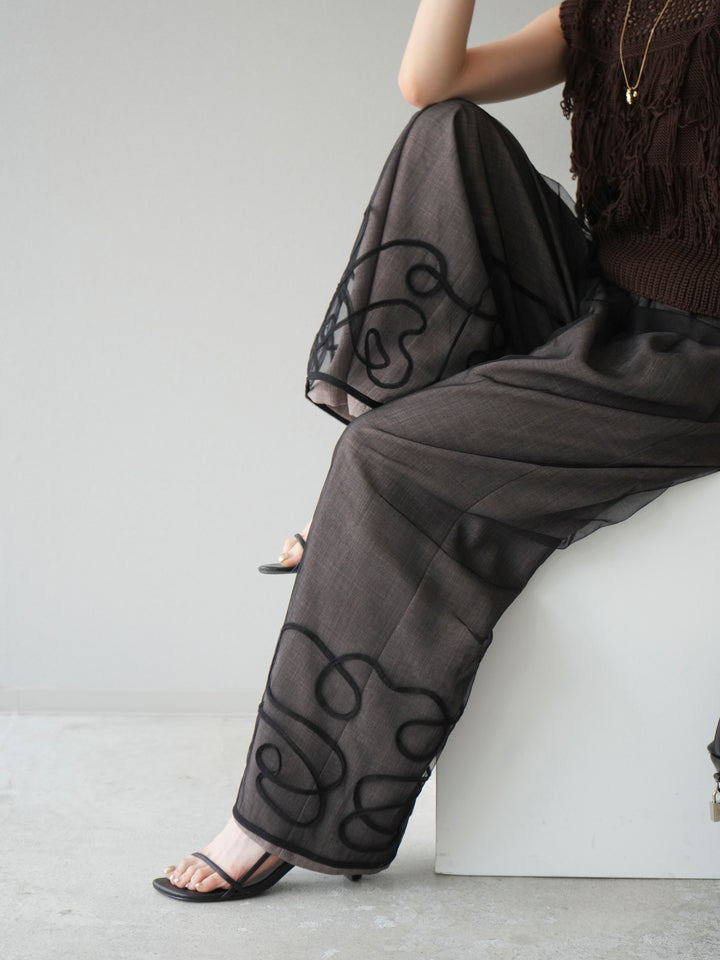 [SET]透かし編みフリンジニットトップス+コード刺繍チュールレイヤードパンツ(2set)