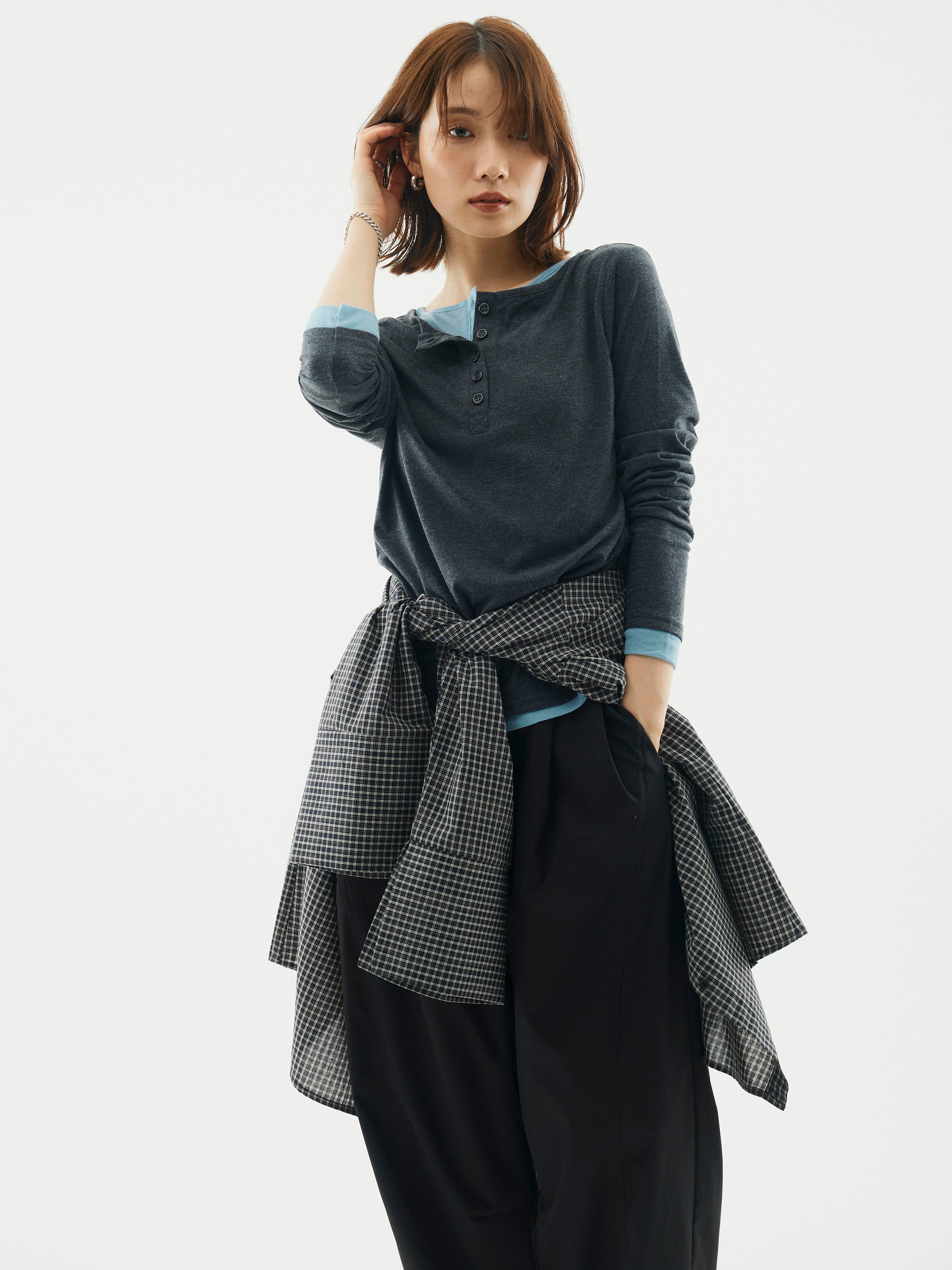 Allure】[SET]配色レイヤードヘンリーネックトップス+チェックBIG