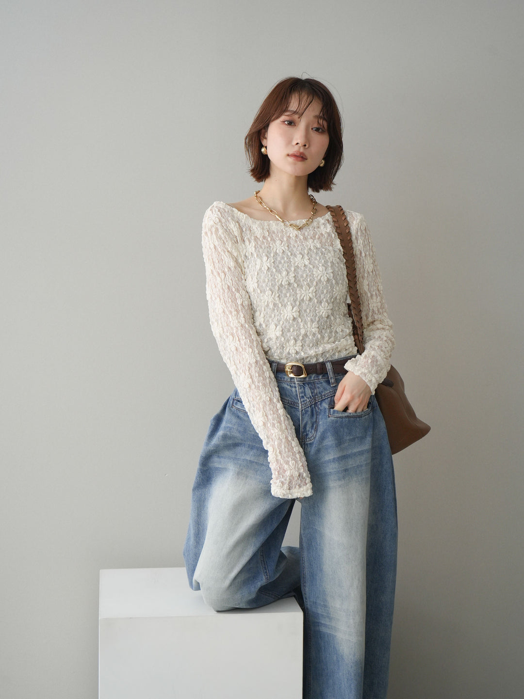 [予約]サイドギャザーレーストップス/ivory