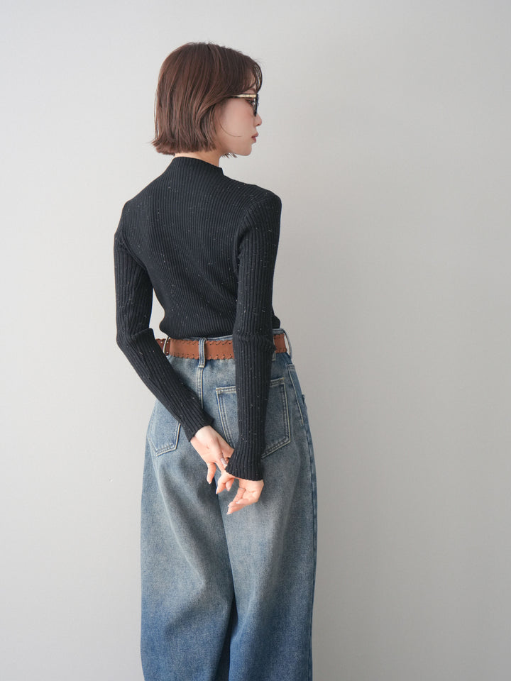 [予約]シアー切替スパンコールリブニットトップス/black