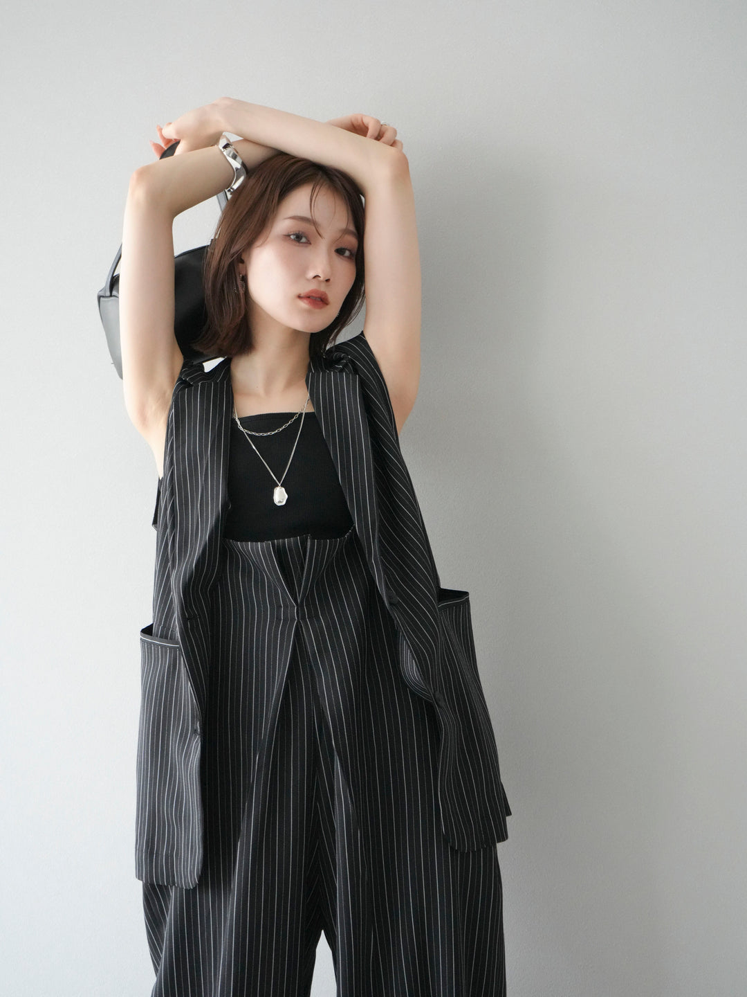 【着回しセット】[SET]ヘリンボーンストライプジレ+シアー切替ベロアトップス+ヘリンボーンストライプサロペット(3set)