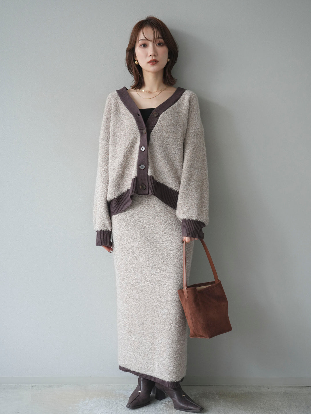 [予約]ブークレバイカラーニットカーディガン/beige