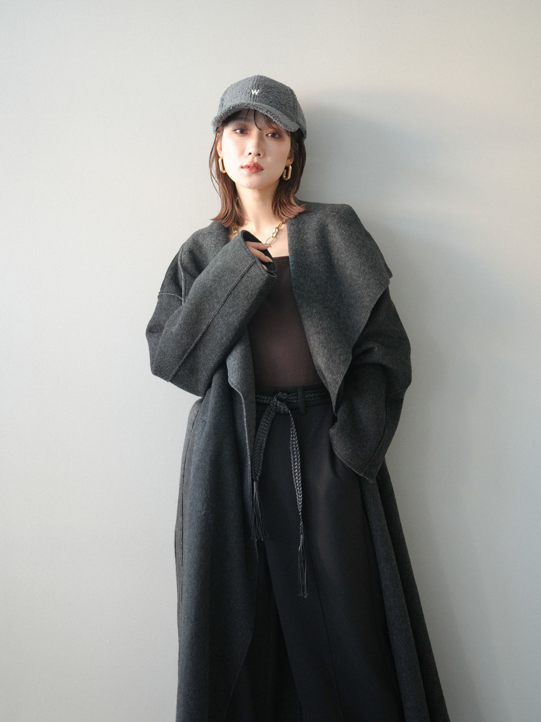 [予約]ダブルフェイスバイカラーロングコート/charcoal