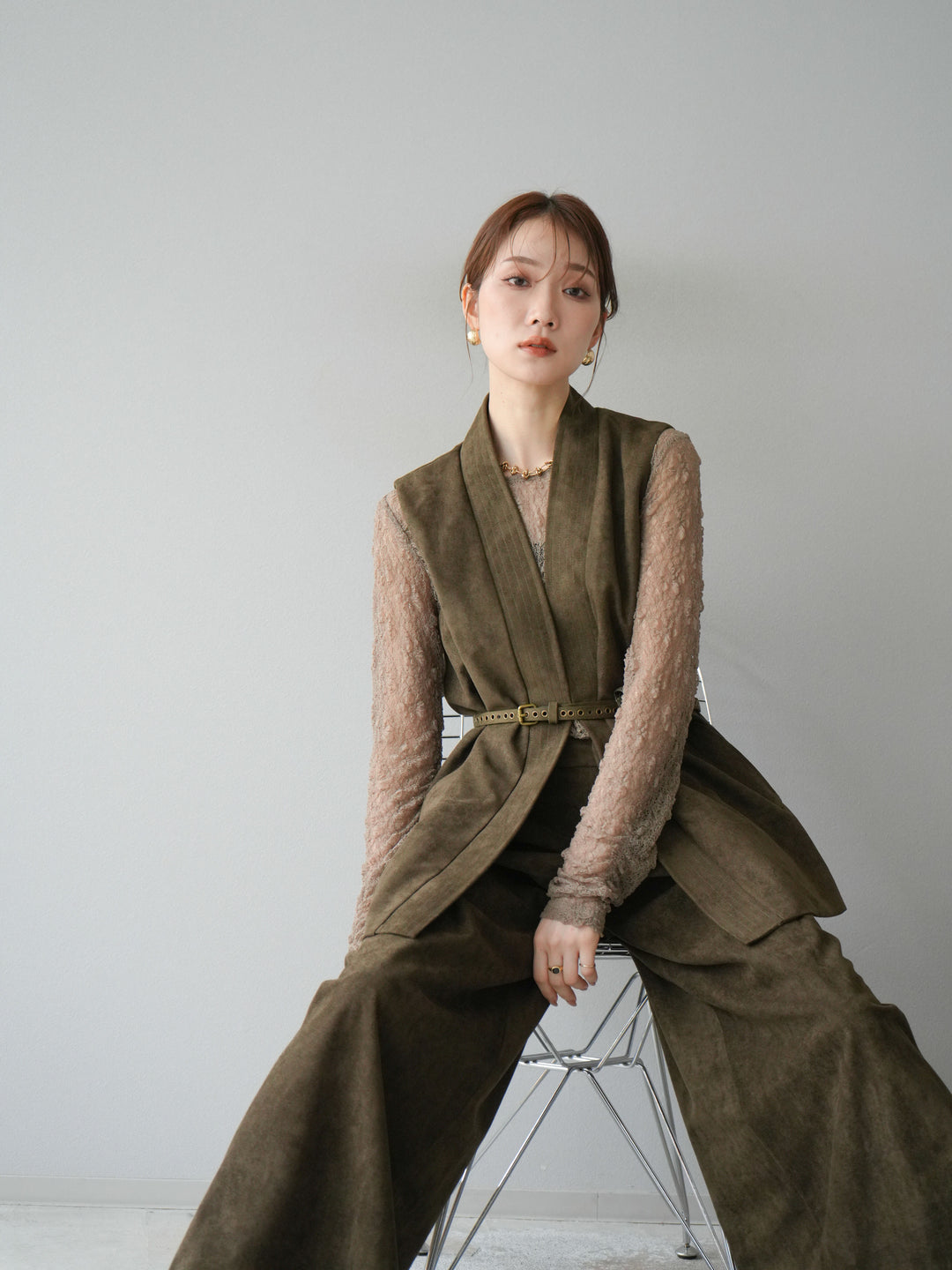 [SET]ポーチベルト付スウェードジレ×パンツSET UP(2set)