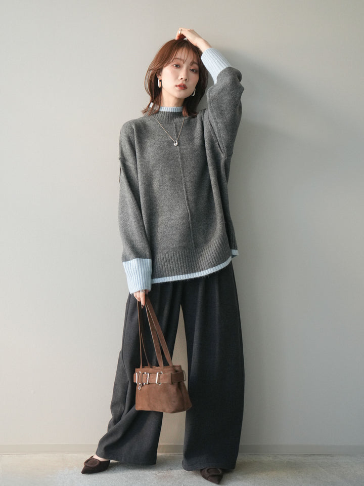 [予約]アニマル柄ベルト付きウールタッチワイドパンツ/charcoal