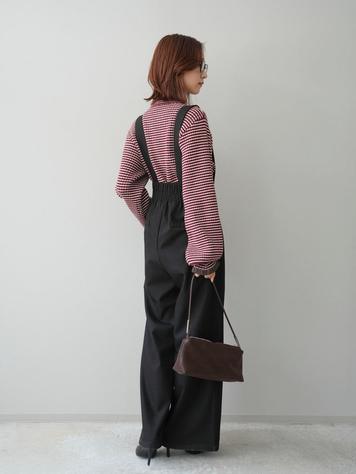 [SET]ラメ異素材ボーダーリブニットプルオーバー+ゴールドボタンサスペンダーワイドパンツ(2set)