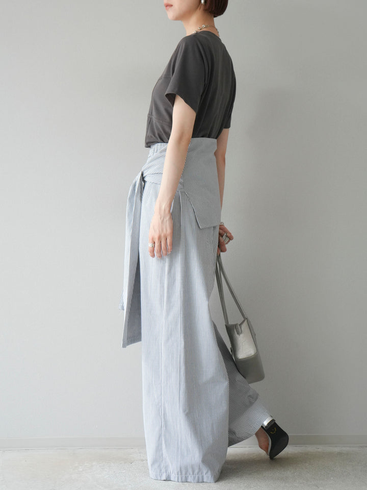 [SET]ビスチェデザインTシャツ+ウエスト巻きストライプイージーパンツ(2set)