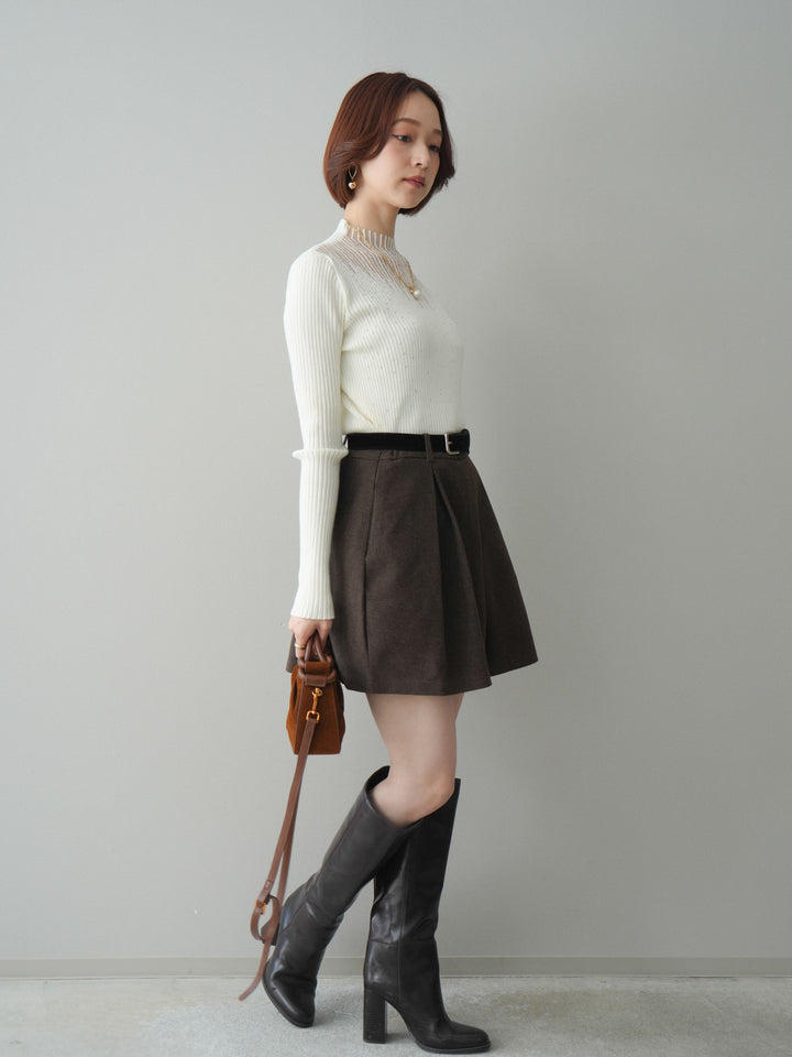 [SET]シアー切替スパンコールリブニットトップス+ベルト付きタックミニスカート(2set)