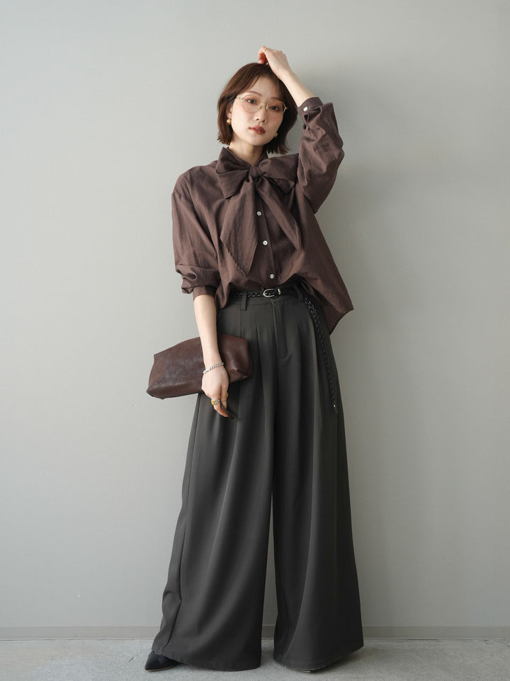 [予約]編み込みベルト付タックワイドパンツ/gray