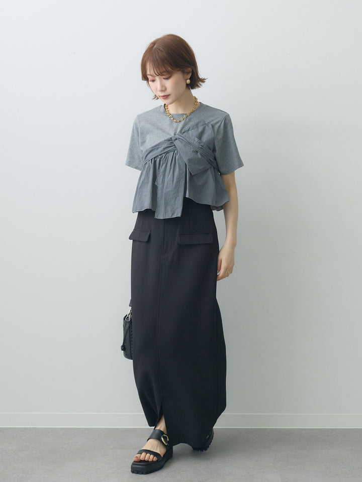 [SET]ナイロンドッキングツイストTEE +クレープデシンフラップ付きストレートスカート(2set)