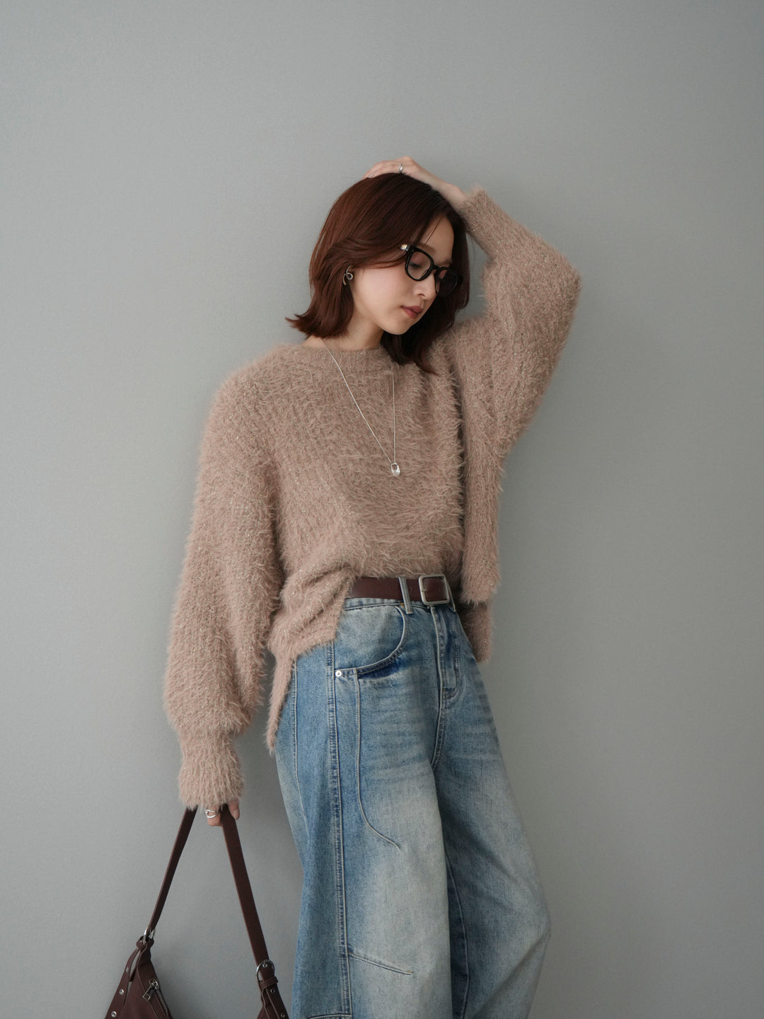 [SET]ボリュームスリーブシャギー MIXニットプルオーバー+ベルト付カーブデニムパンツ(2set)