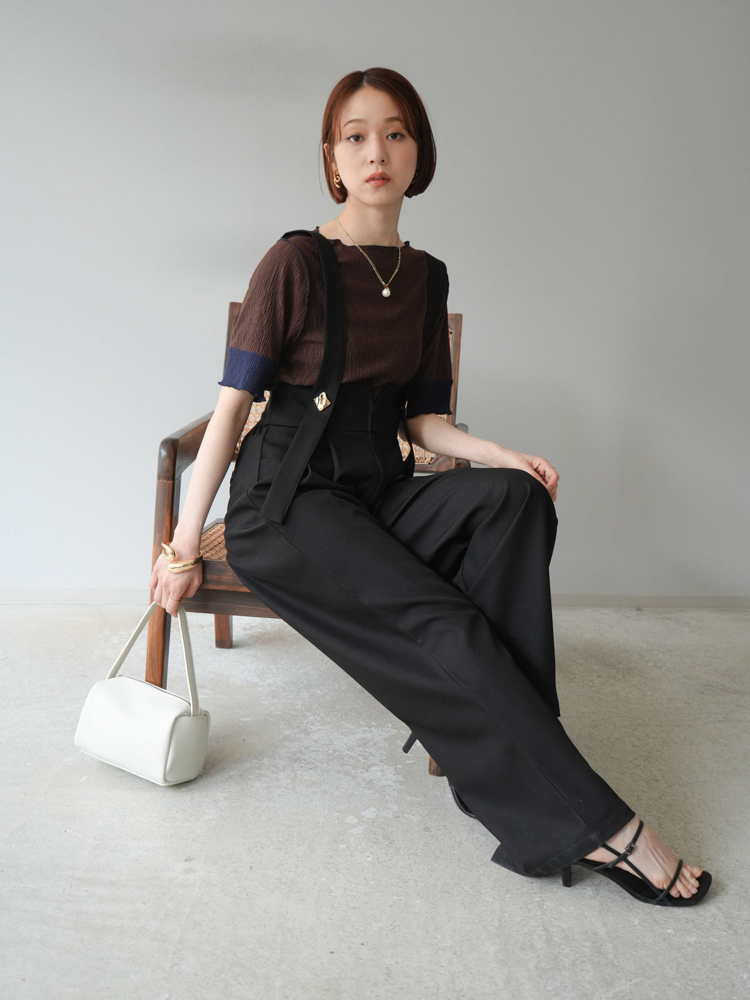 [SET]プリーツ配色ボートネックプルオーバー+ゴールドボタンサスペンダーワイドパンツ(2set)