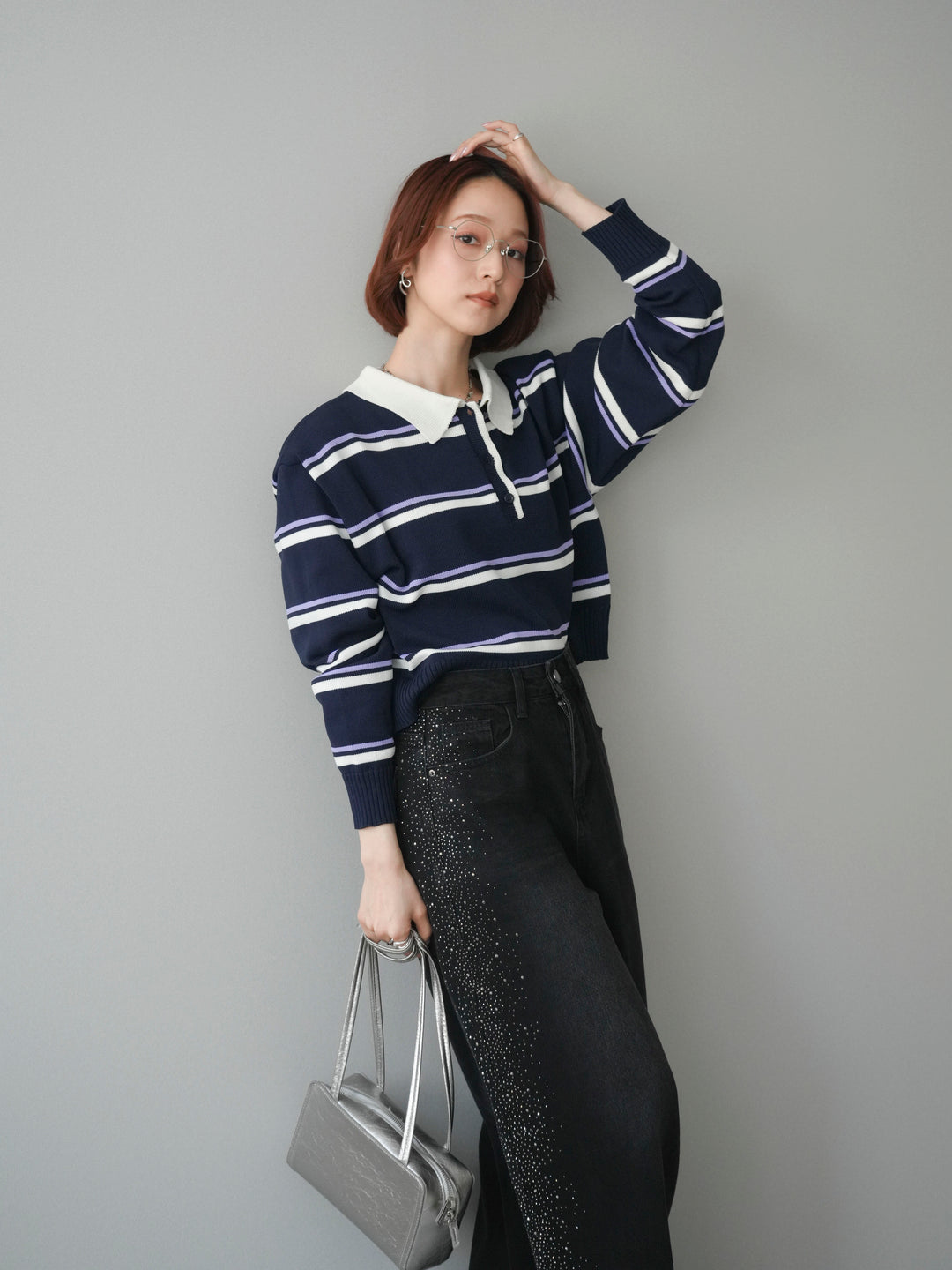 [予約]マルチボーダーポロニットトップス/navy