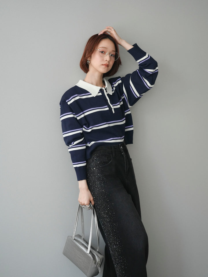[予約]マルチボーダーポロニットトップス/navy