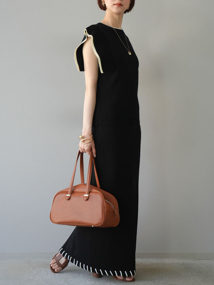 【預購】亞麻質感手縫針織緊身裙/黑色