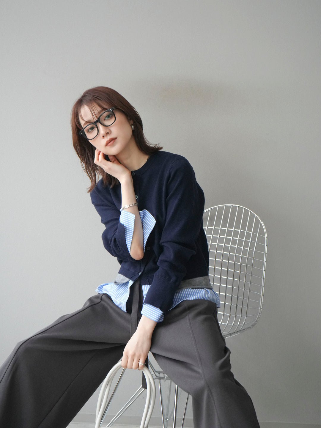 [SET]シャツ襟レイヤードニットカーディガン+ベルト付スウェットワイドパンツ(2set)