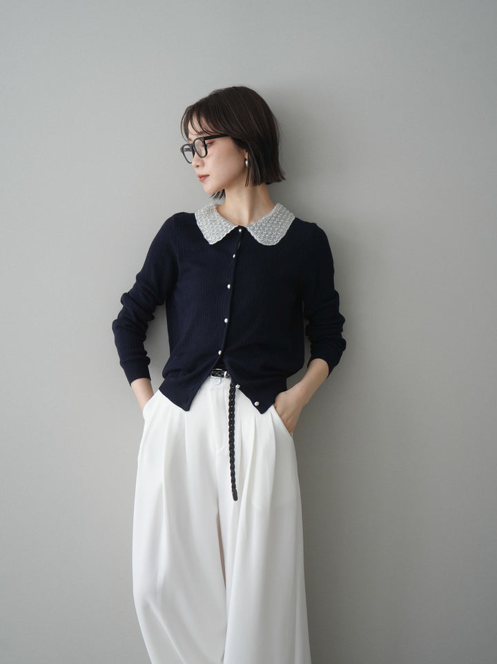 [SET]ビジュー襟パールボタンニットカーディガン+編み込みベルト付タックワイドパンツ(2set)