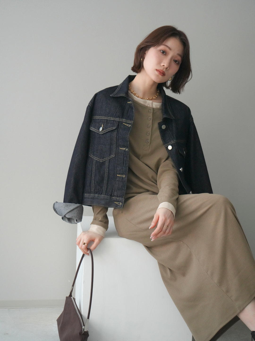 [予約]配色レイヤードヘンリーネックカットリブワンピース/mocha