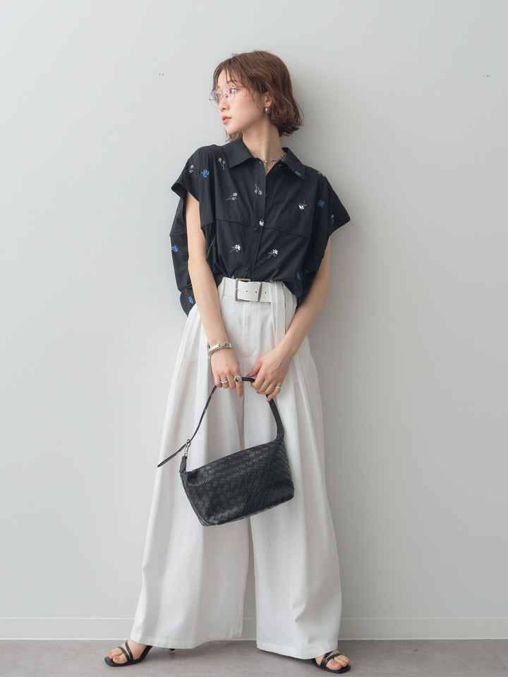 【套裝】花卉刺繡燈籠無袖襯衫+腰帶設計環扣闊腿褲（兩件套）