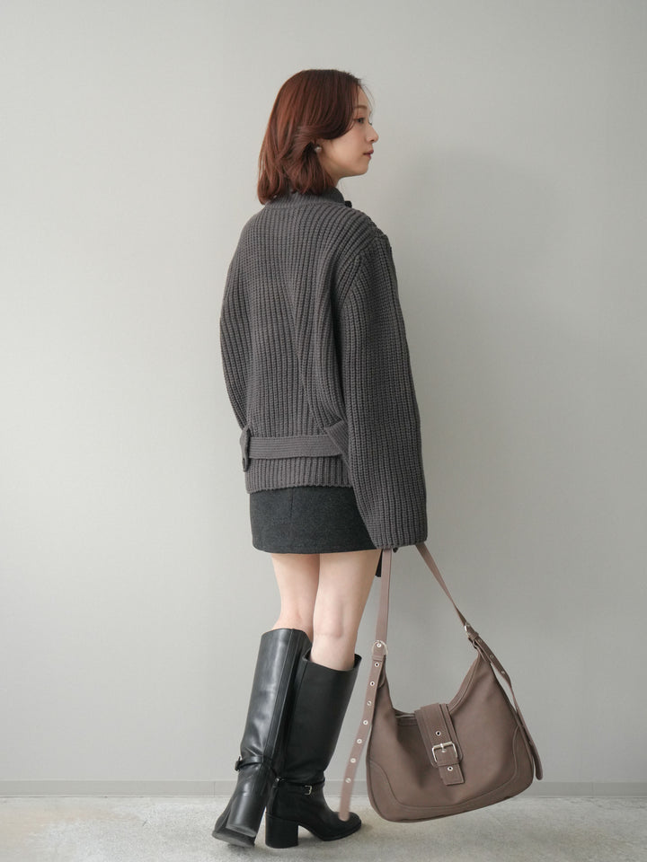 [SET]畦編みボトルネックZIPニットカーディガン+ウールタッチベルト付ミニスカート(2set)