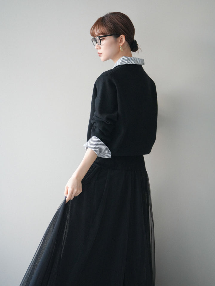 [予約]シャツドッキングデザイン裾ボタンニットプルオーバー/black