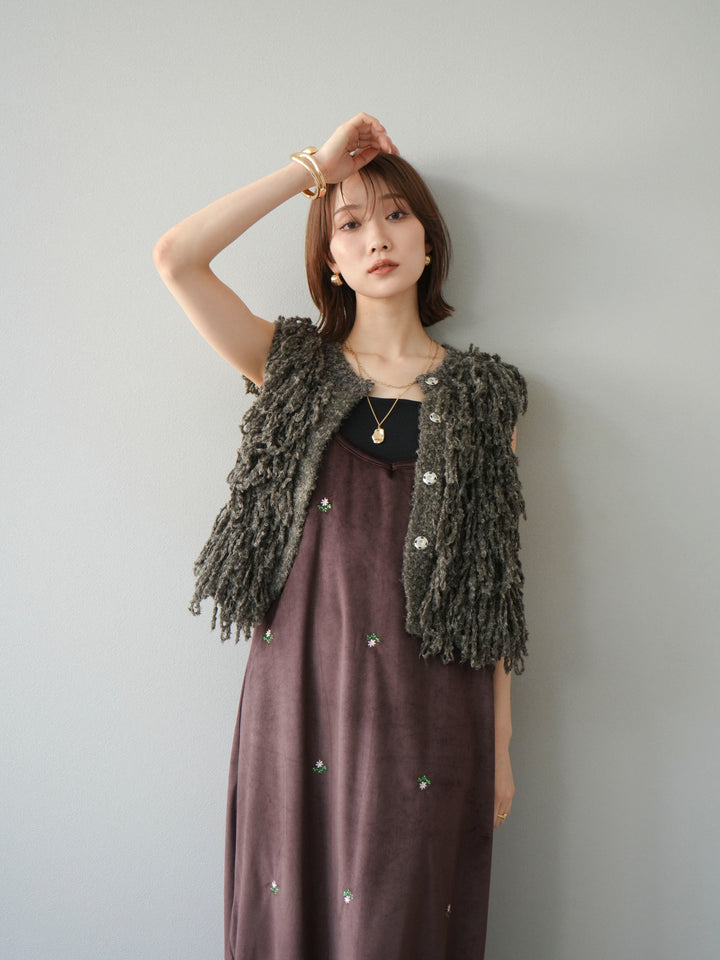 [予約]フラワー刺繍ベロアキャミワンピース/ブラウン