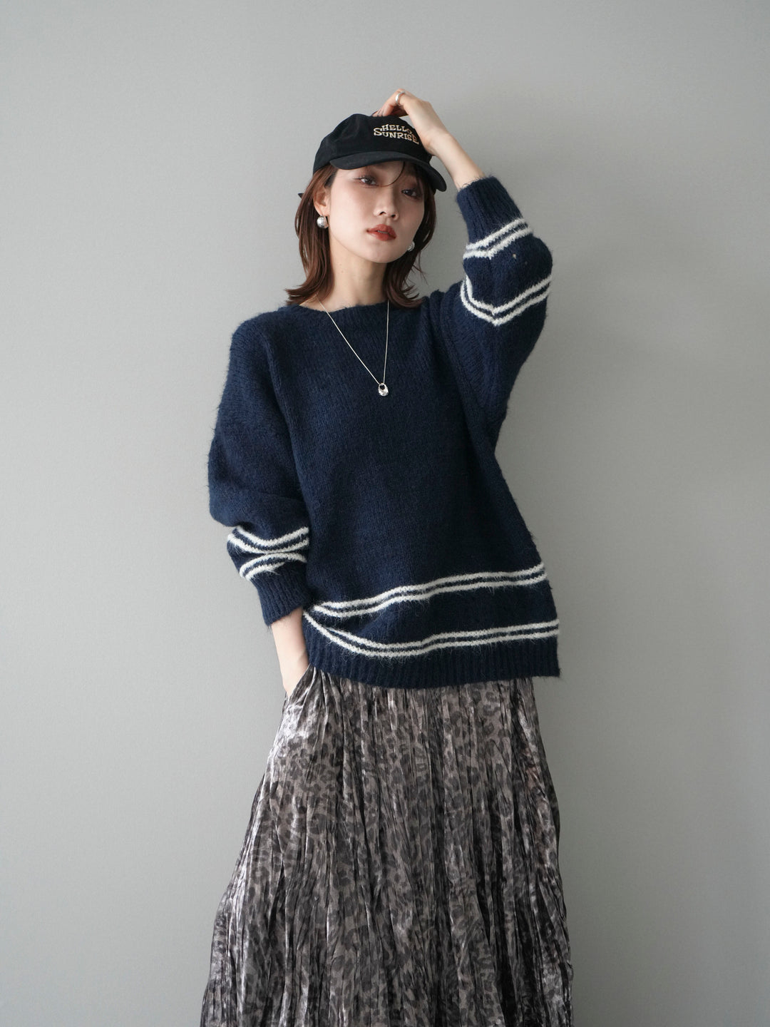 [予約]クルーネックラインボーダーニットプルオーバー/navy