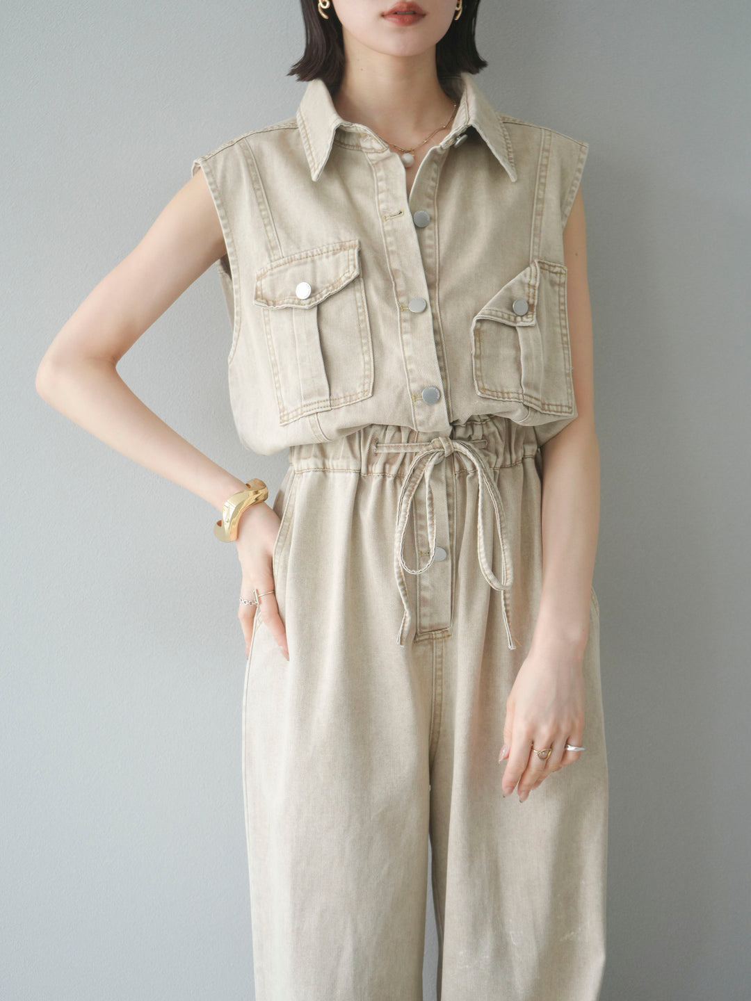 [予約]ポケットデザインデニムオールインワン/キャメル