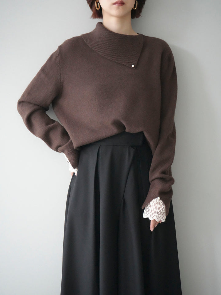 [SET]袖レースパール付き配色ニットトップス+テープベルトタックバギーパンツ(2set)