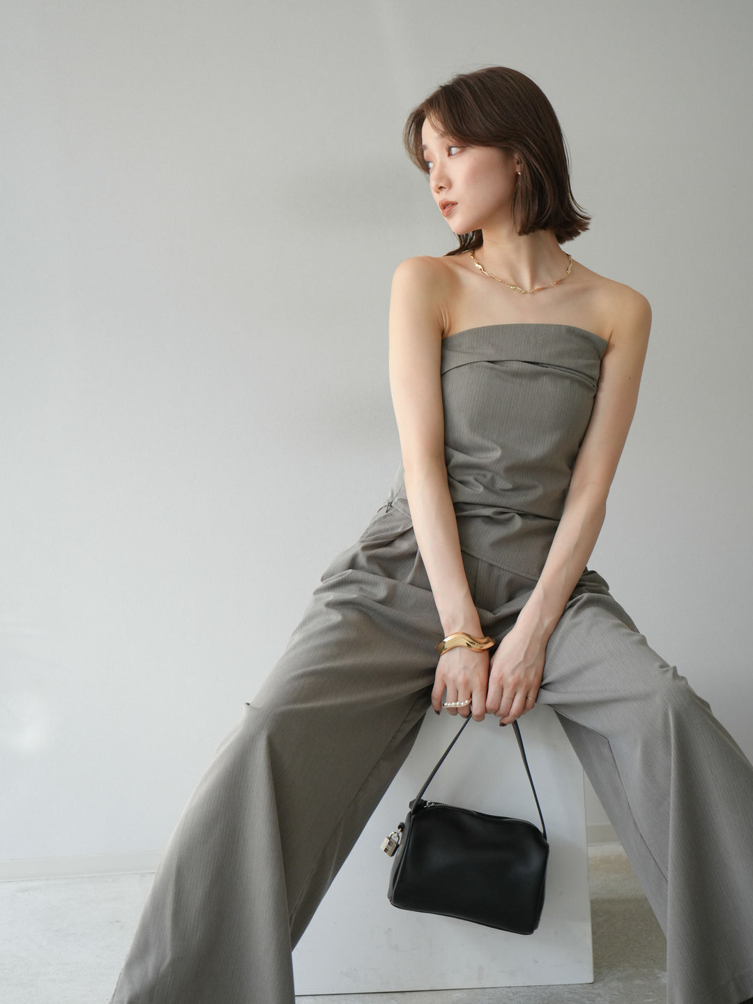 [SET] 條紋褶襉露肩上衣＆寬褲 SET UP (2set)