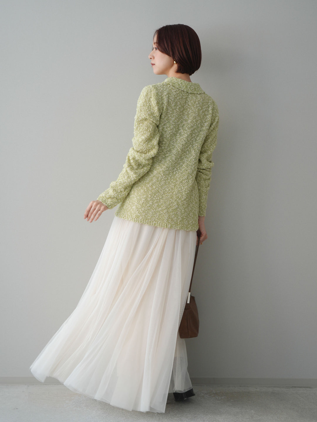 [SET]透かし編みブークレポロニットトップス+チュールボリュームスカート(2set)