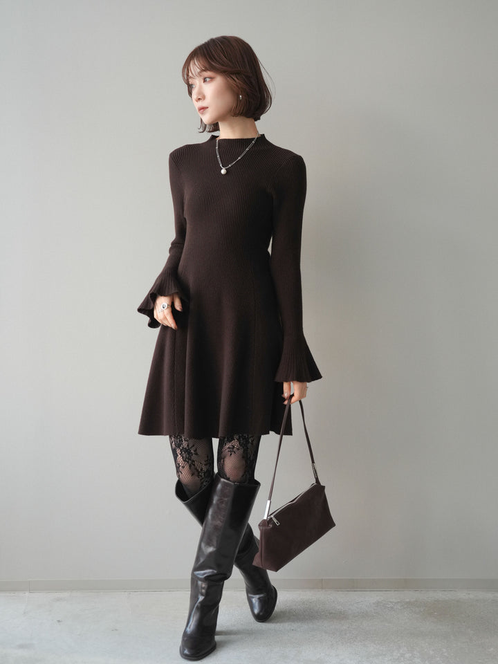 [予約]フレアリブニットミニワンピース/brown