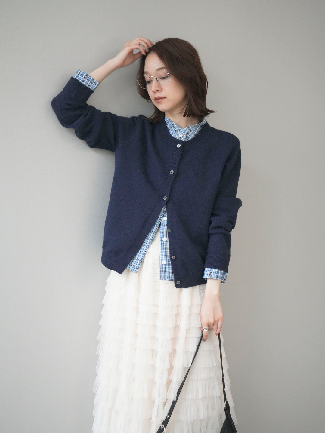 [予約]チェックシャツレイヤードデザインニットカーディガン/navy