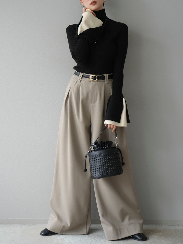 [SET] 疊層喇叭袖高領針織上衣 + 雙褶寬褲 (2 套)