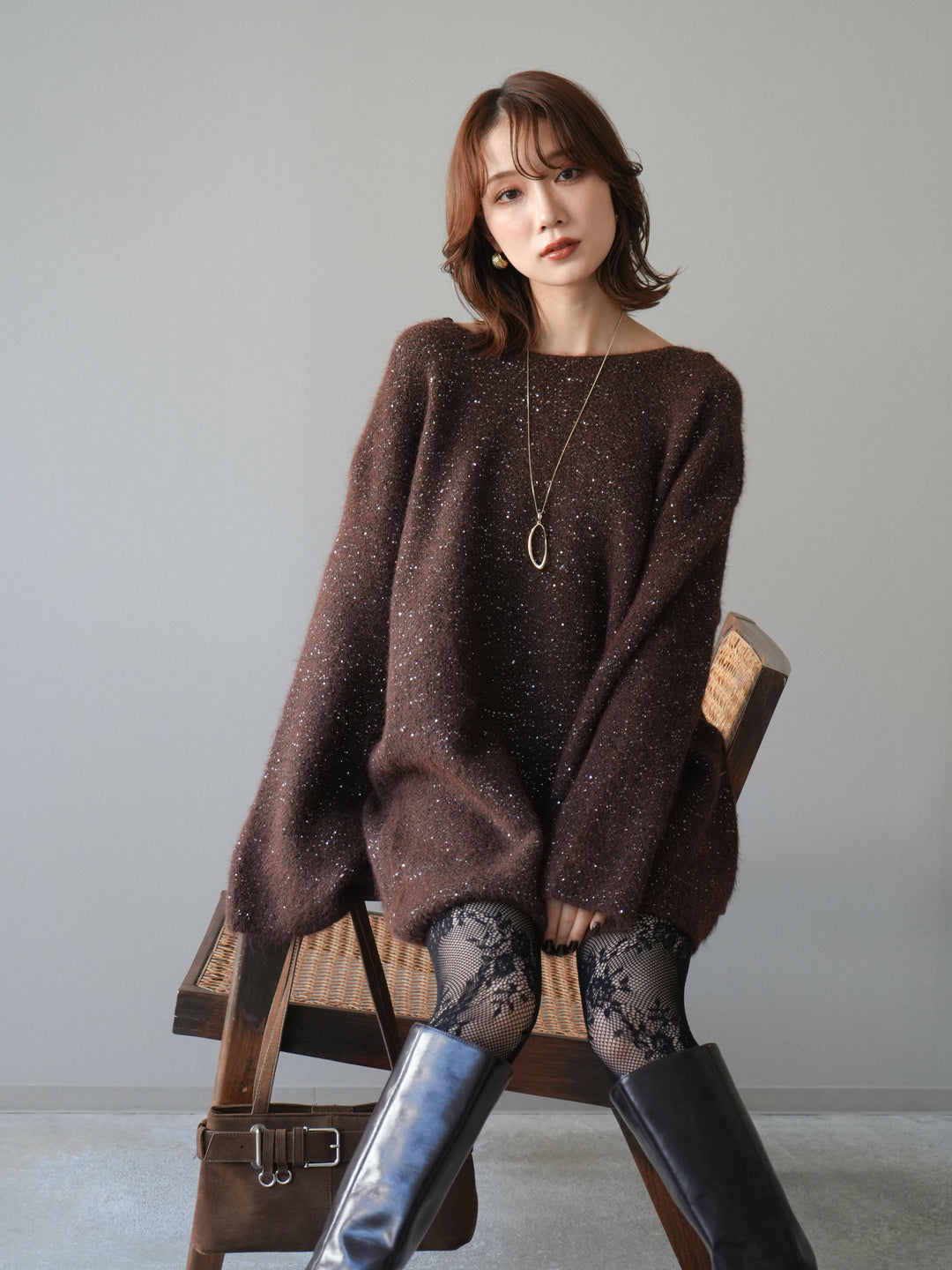 [予約]スパンコールミニシャギーニットチュニック/brown