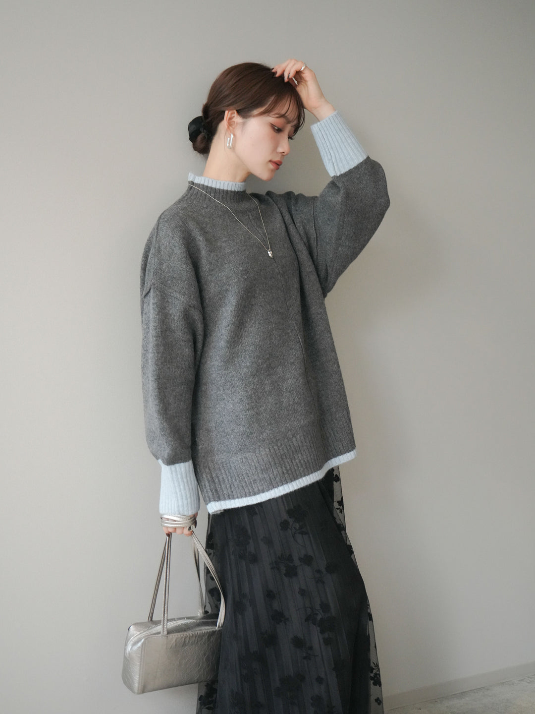 [SET]配色ハイネックニットプルオーバー+フラワーフロッキーチュールプリーツスカート(2set)