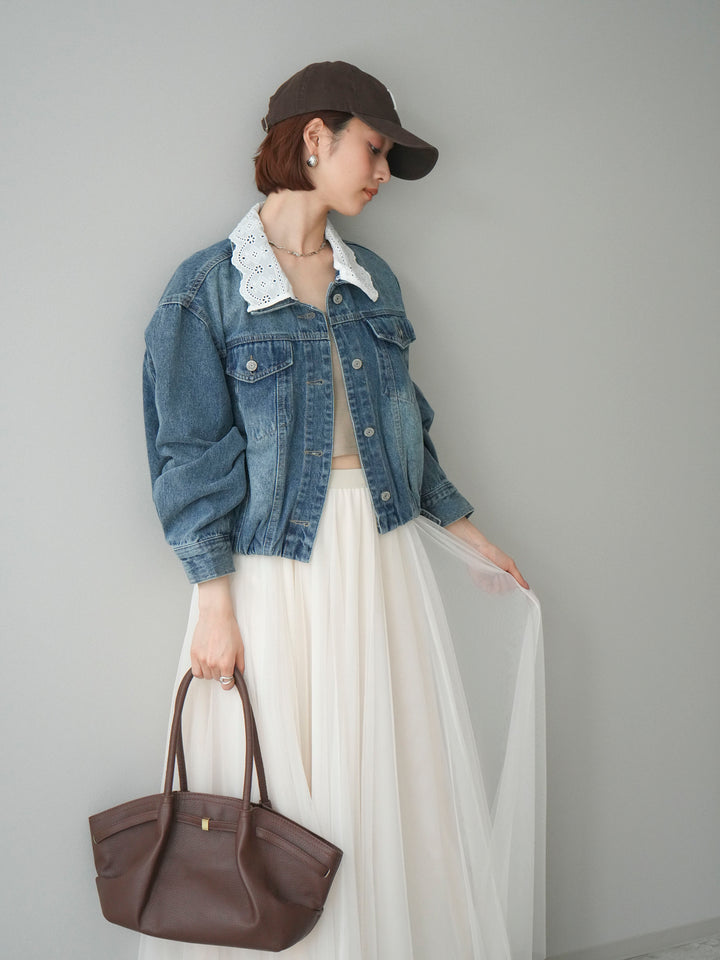 [予約]襟レースデニムショートジャケット/indigo