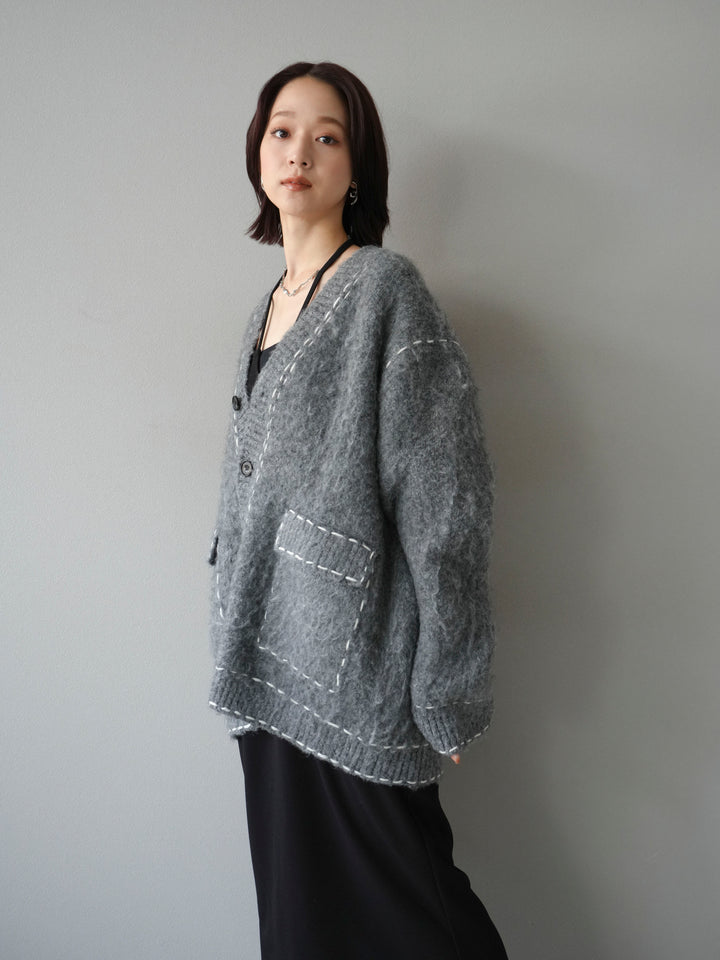 [予約]ステッチVネックニットカーディガン/グレー