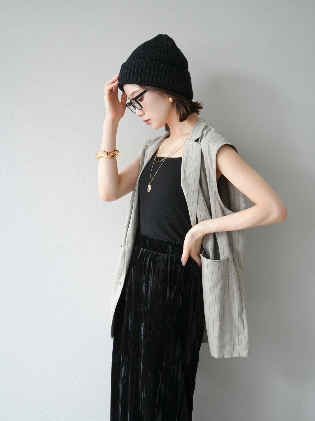 [予約]ヘリンボーンストライプジレ/グレージュ