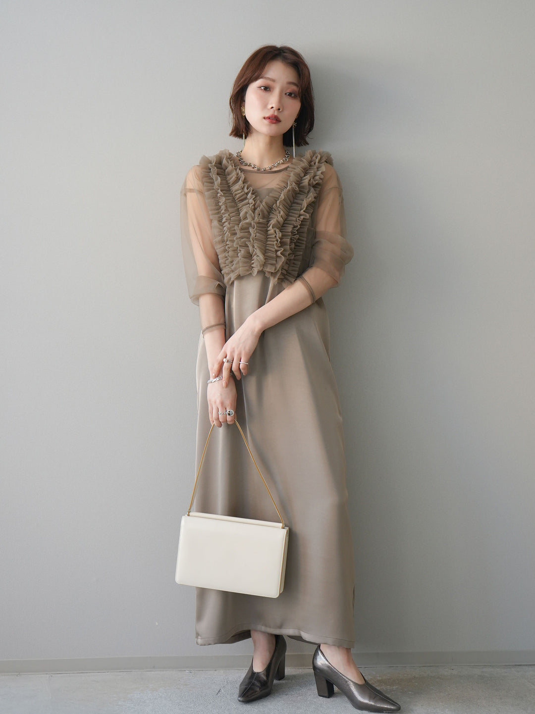 [予約]チュールフリルアンサンブルキャミソールドレス 3点SET/beige