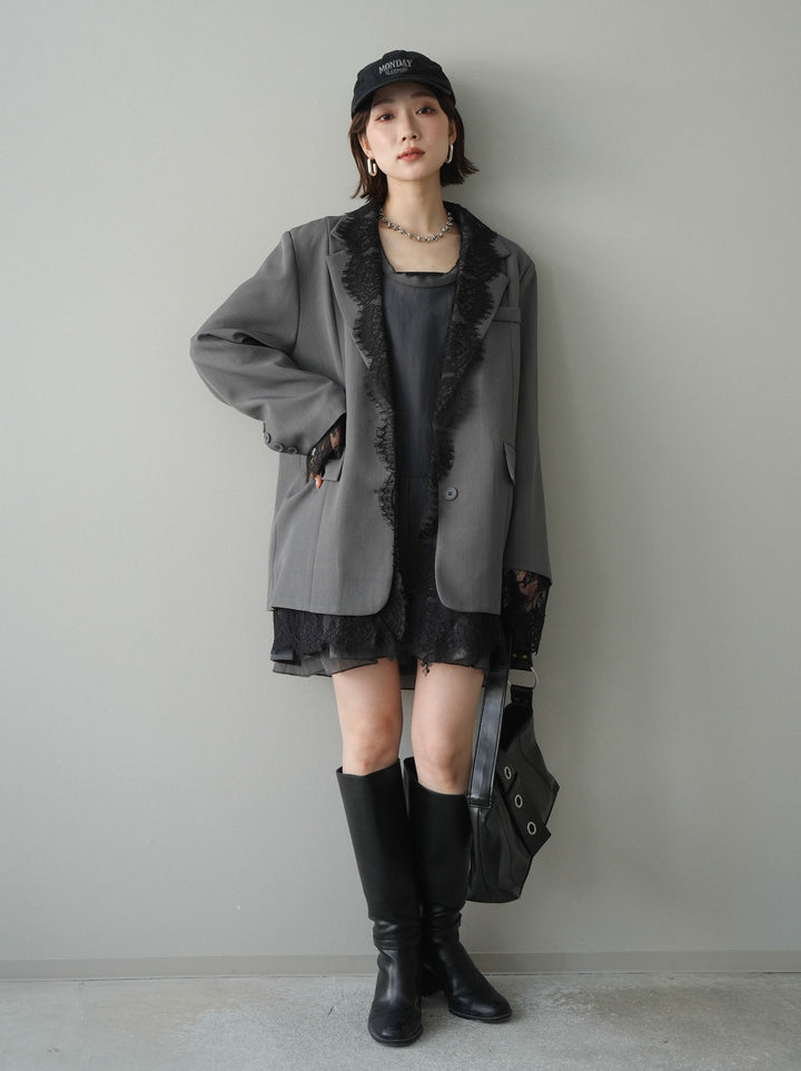 [予約]チュールドッキング裾プリーツミニワンピース/charcoal
