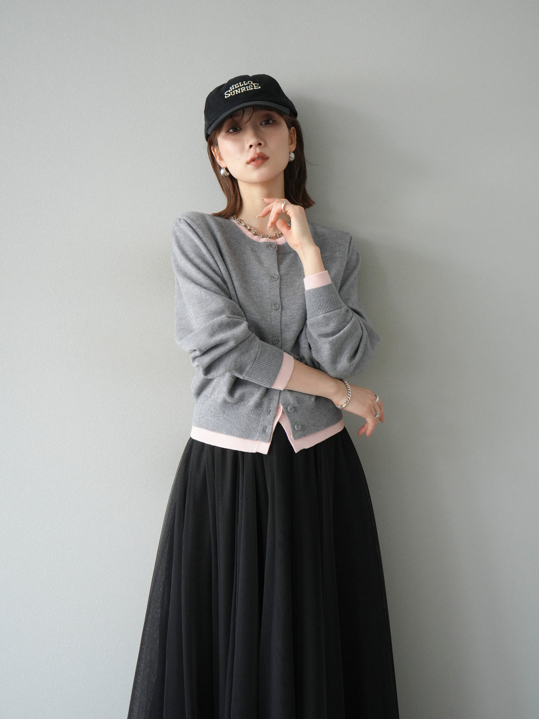 【預購】顏色協調的多層開襟衫/灰色