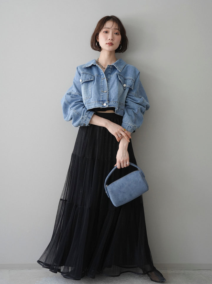 [SET]デニムショートシャツジャケット+ラメプリーツレイヤードチュールロングスカート(2set)