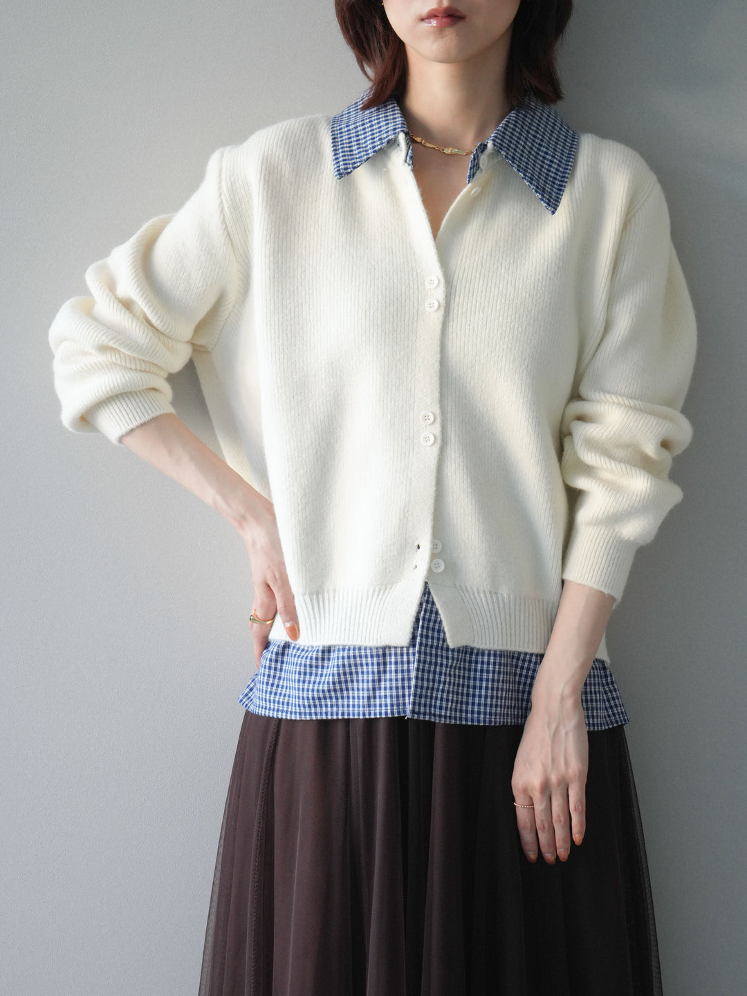 [SET]チェックシャツ襟ニットカーディガン+チュールボリュームスカート(2set)
