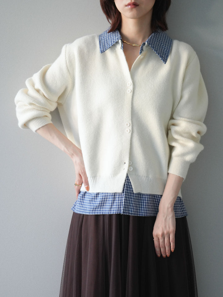 [SET]チェックシャツ襟ニットカーディガン+チュールボリュームスカート(2set)