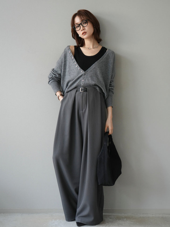 [SET]デザインボタンニットカーディガン＆タンクトップSET+ベルトループデザインワイドパンツ(2set)