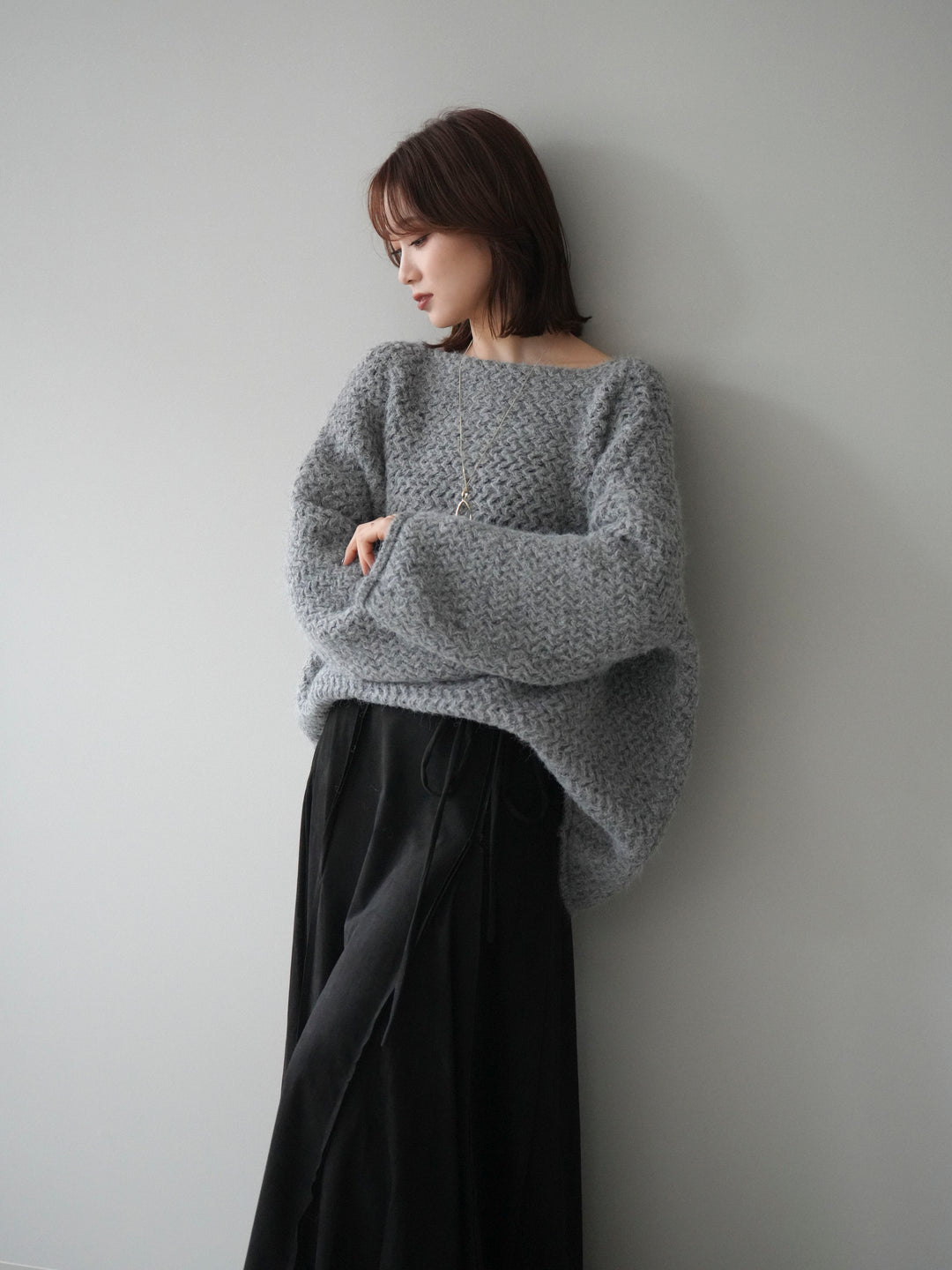 [予約]ワッフル編みオーバーニットプルオーバー/gray