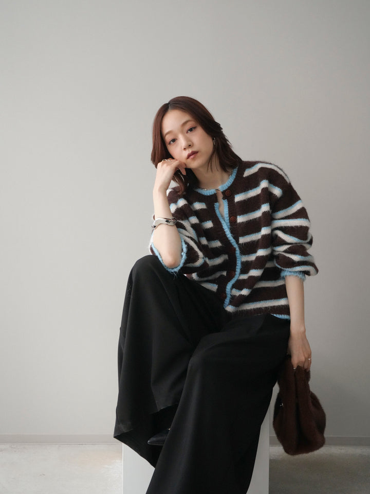 [SET]ウールタッチ配色ボーダーニットカーディガン+テープベルトタックバギーパンツ(2set)