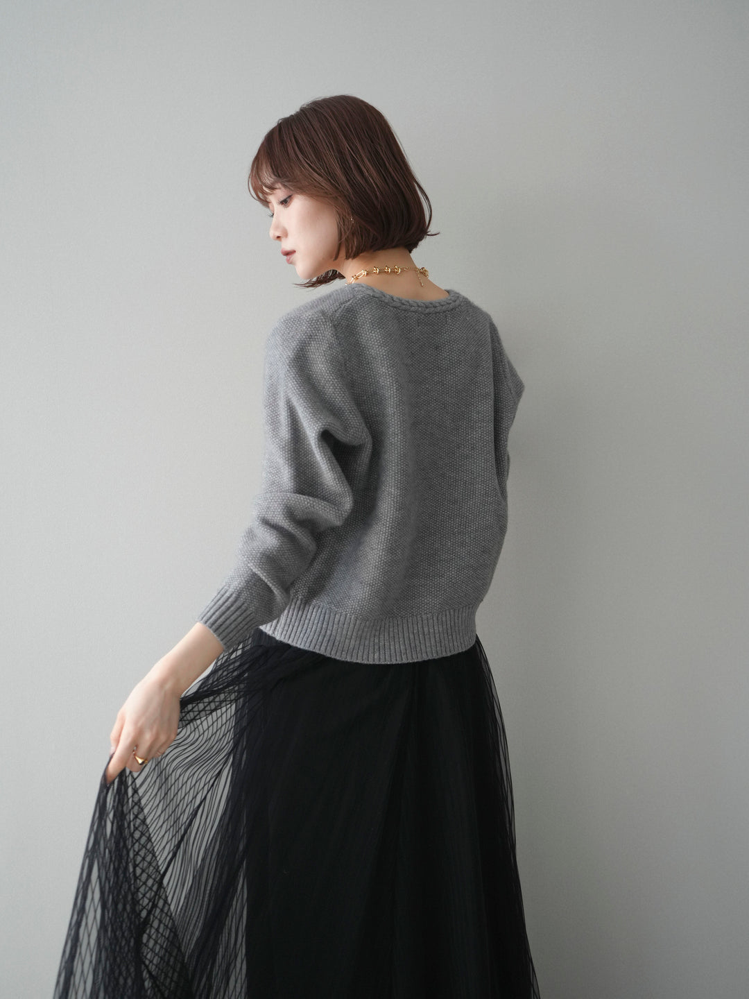 [SET]編みこみアンティークボタンニットカーディガン+チュールストライプボリュームスカート(2set)