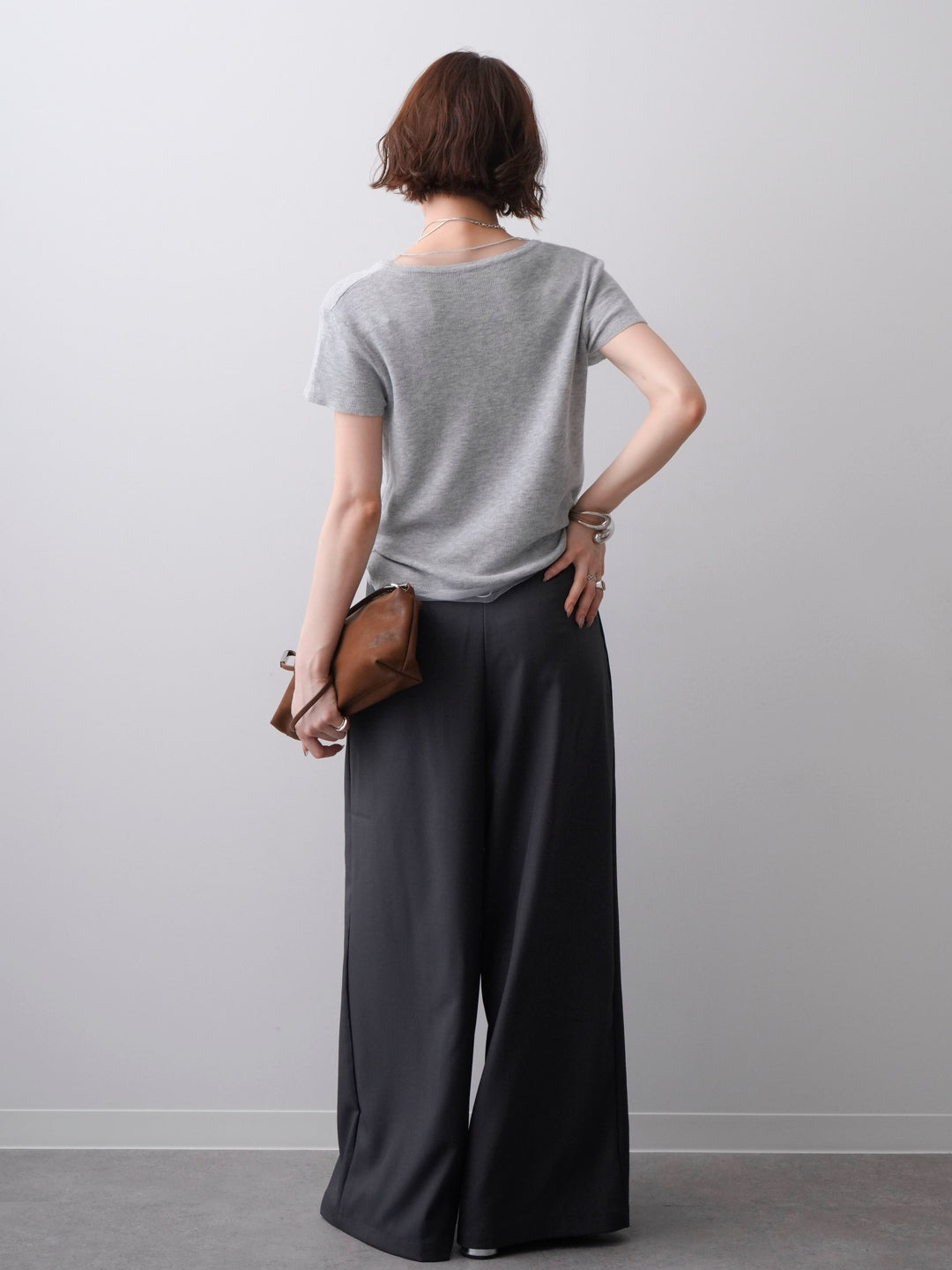 [SET]チュールレーヤードヘンリーフレンチニットトップス+ビジューベルトタックワイドパンツ(2set)
